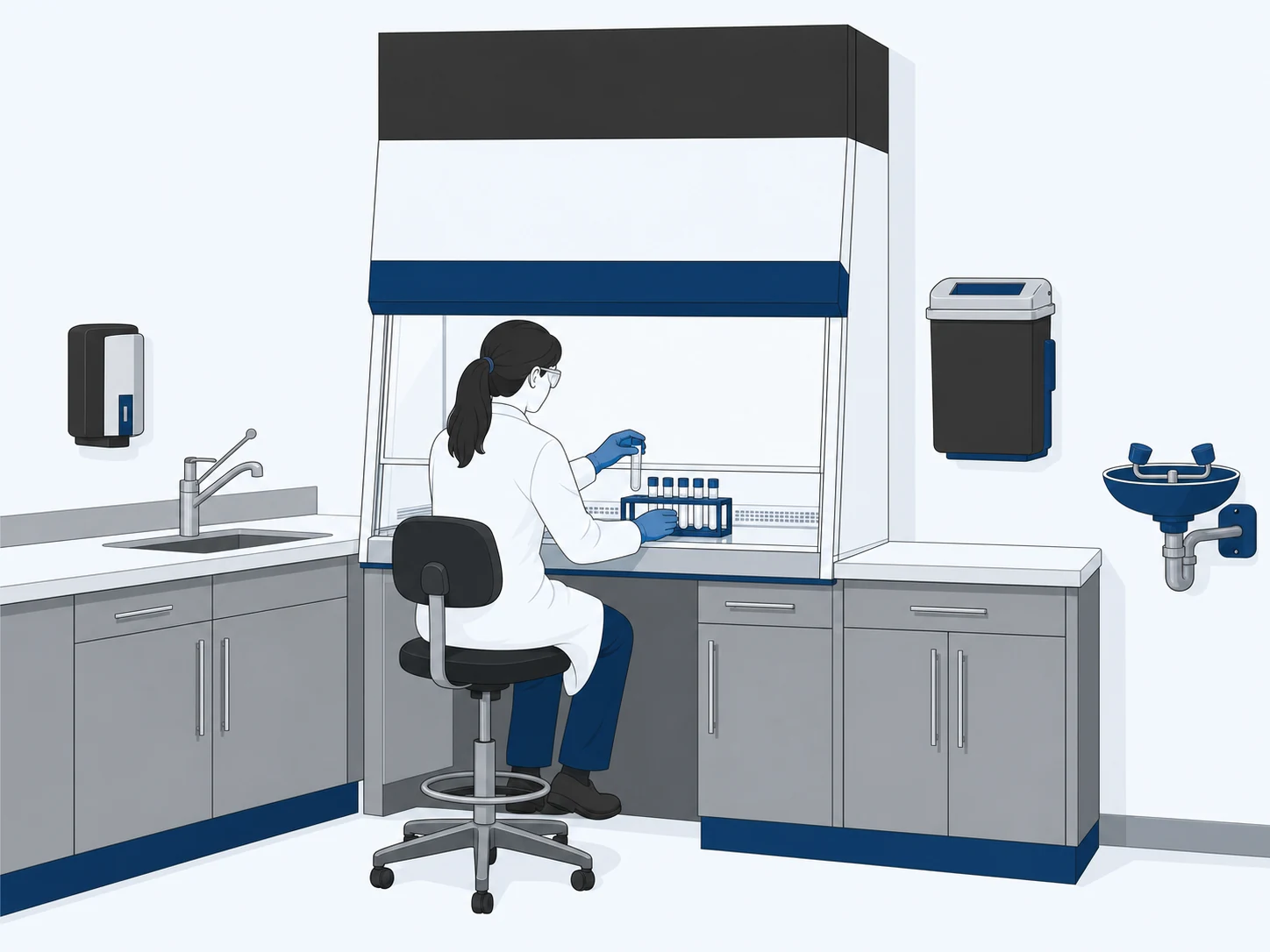 Class II Type A2 biosafety cabinet with adjacent handwashing sink, sharps container, and eyewash station in a clinical hematology lab