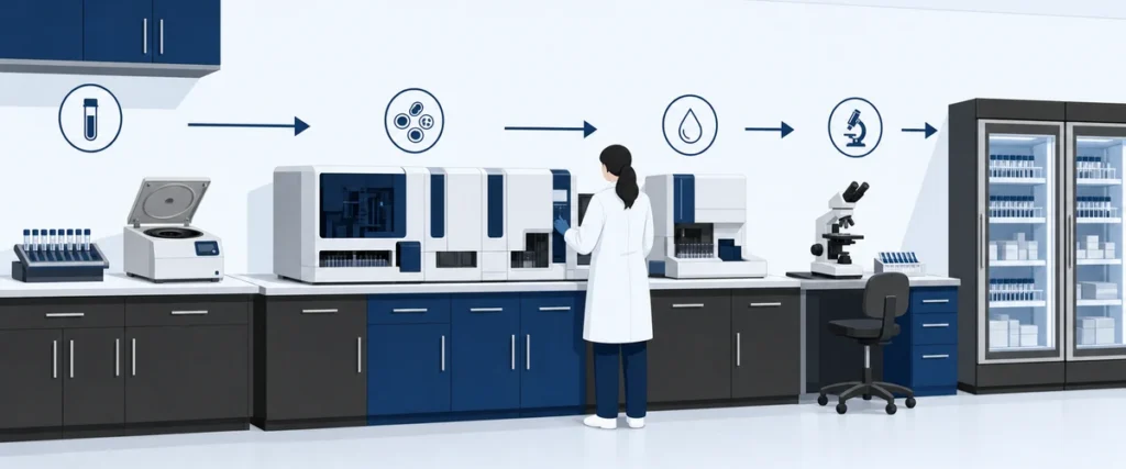 Hematology lab design workflow: accession, analyzer bank, microscopy, and coagulation zones