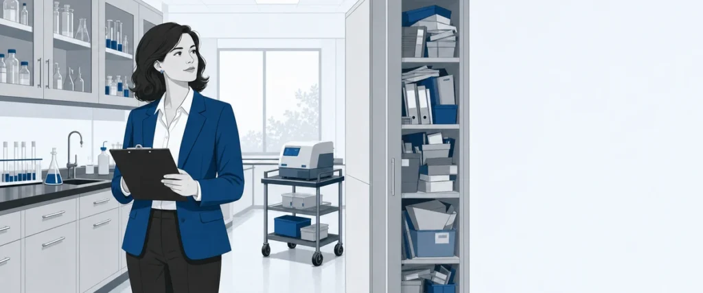 Lab manager standing in a working laboratory with older casework runs and extra equipment carts crowding the aisle