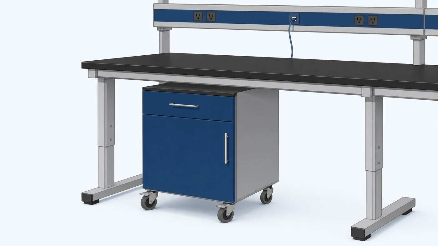 Close-up of a modular lab bench with a height-adjustable frame, a mobile base cabinet on locking casters, and an overhead service spine carrying power and data drops