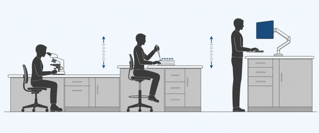 Preventing RSI in research labs — three-station height-adjustable bench illustration