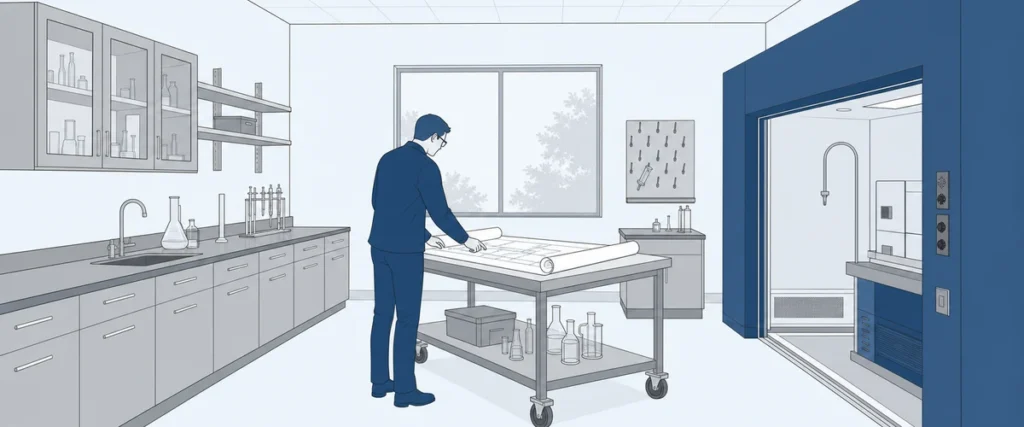 Cross-section of a modern laboratory with epoxy-topped casework benches, a walk-in fume hood, and a specifier reviewing plans on a mobile lab table &mdash; illustrating common laboratory design mistakes