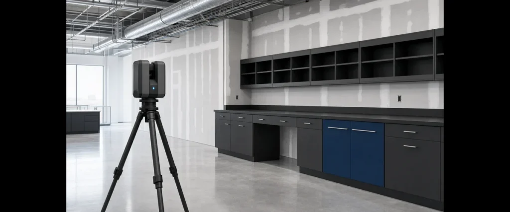Tripod-mounted 3D laser scanner in a partially built laboratory with heavy-gauge steel casework being installed in the background