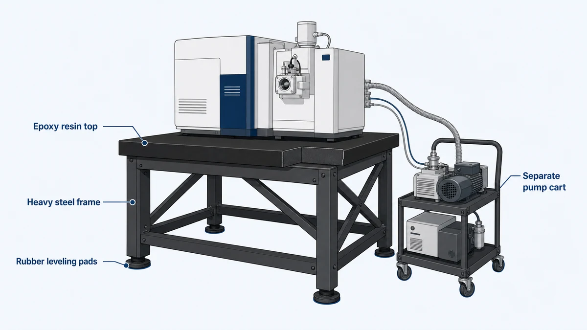 Detail view of anti-vibration lab table showing heavy-gauge cold-rolled steel frame, thick epoxy resin worktop, low-profile rubber leveling pads, and a separate mass spectrometer pump cart with dampened casters
