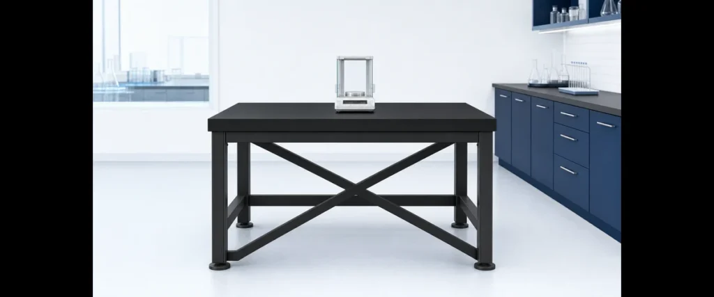 Anti-vibration lab table with heavy-gauge steel frame, thick epoxy resin worktop, and rubber leveling pads supporting an analytical balance in a modern laboratory