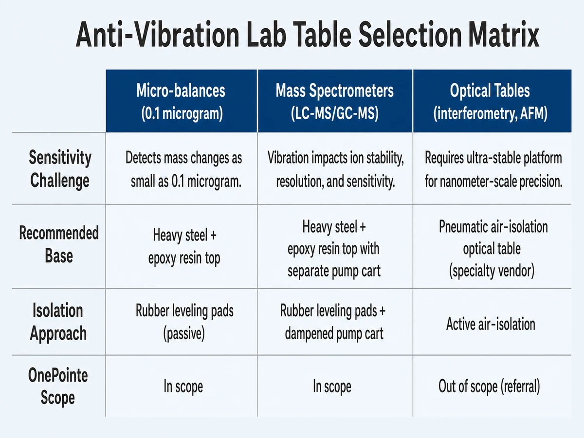 Comparison matrix of anti-vibration lab table configurations by instrument class: micro-balances, mass spectrometers, and optical tables, with sensitivity challenge, table type, and technical specs