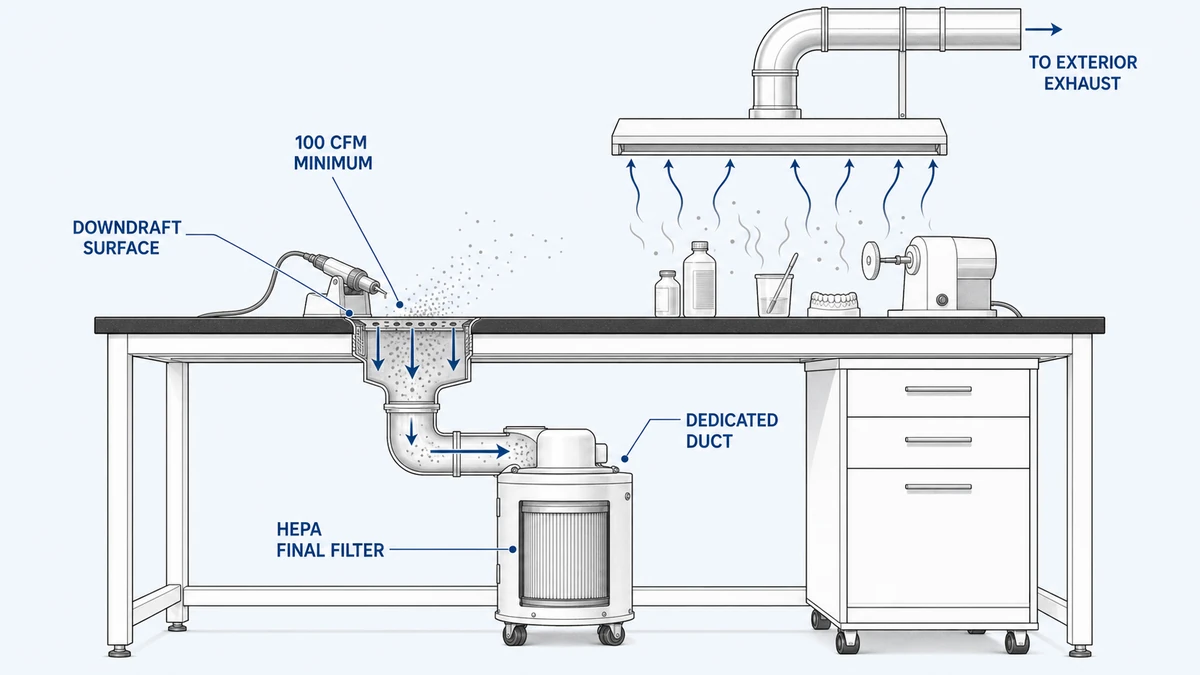 Dental lab finishing workstation cutaway with downdraft dust collection, HEPA-final filter, and slot-hood MMA exhaust