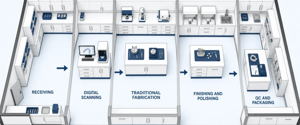 Dental lab design floor plan showing zoned workflow from receiving through digital scanning, traditional fabrication, finishing, and QC
