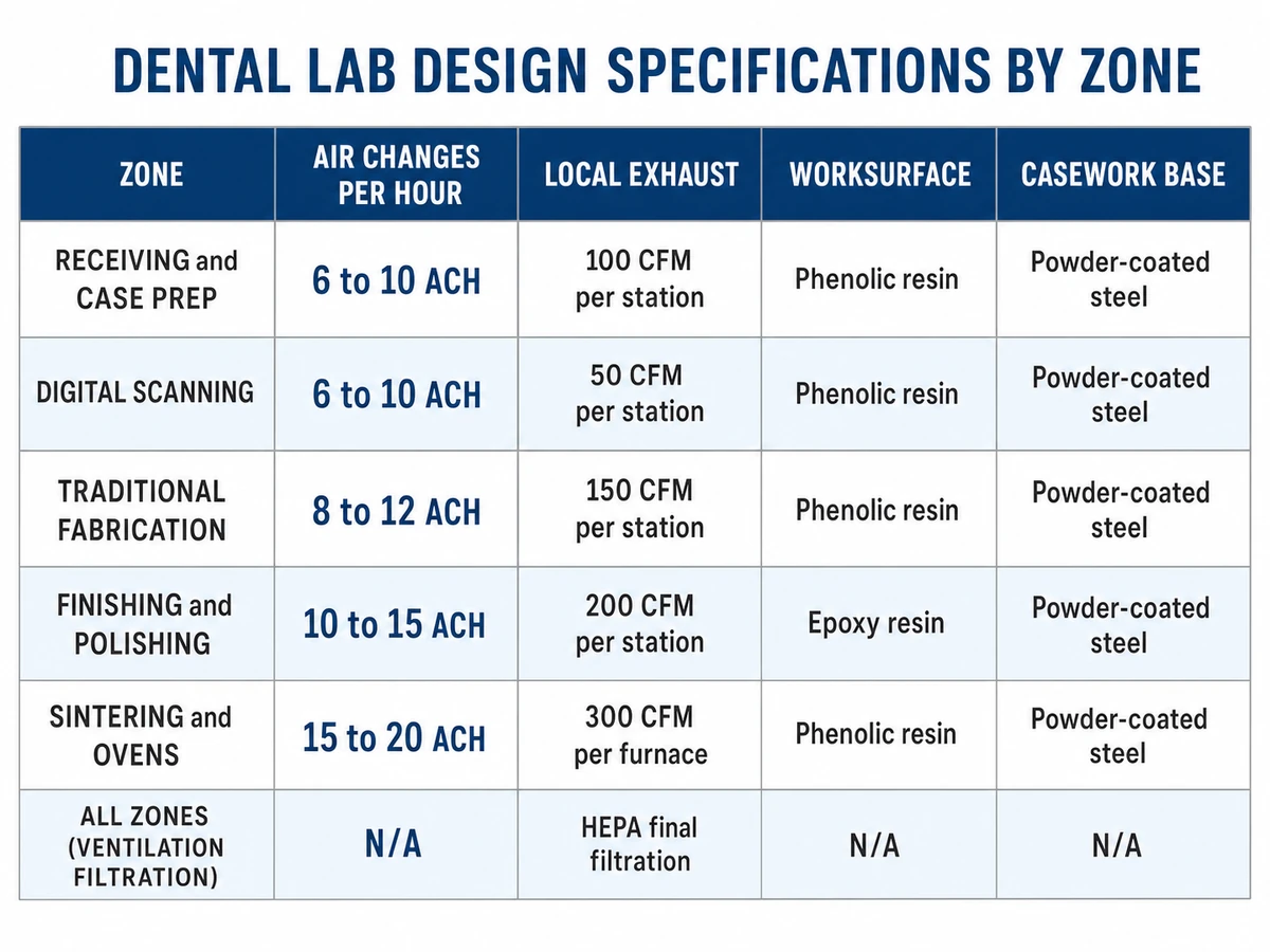Dental lab zone specification matrix showing air changes, exhaust requirements, and casework materials by function