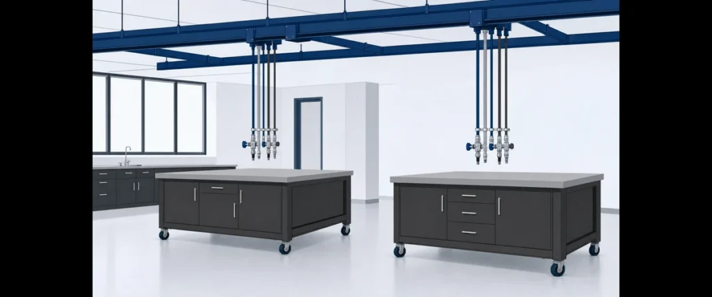 Ceiling-mounted overhead service carrier grid delivering power, lab gases, vacuum, and data to two heavy-steel mobile lab workbenches with concealed Euro-style hinges