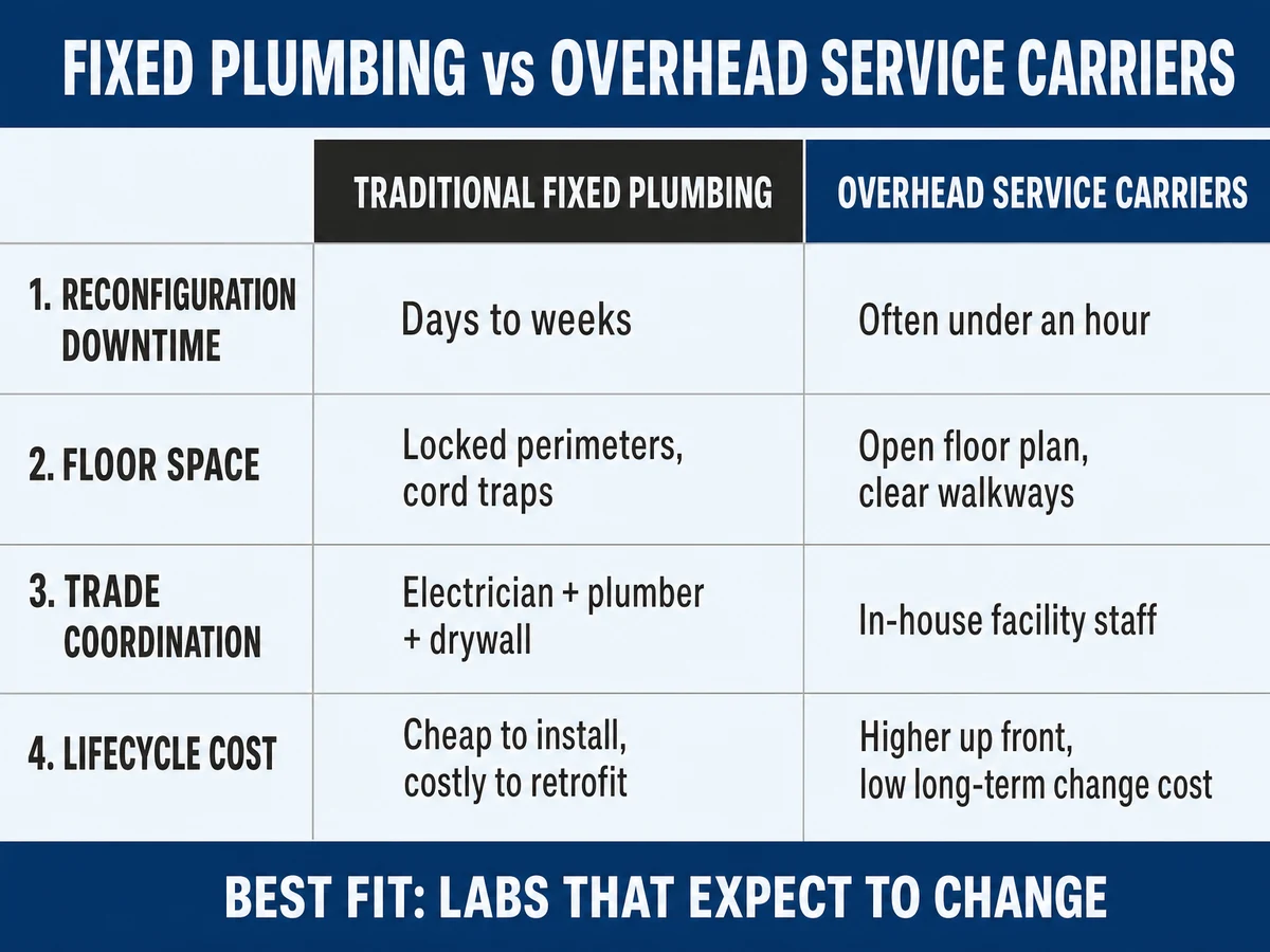 Comparison matrix of traditional fixed wall and floor plumbing versus overhead service carriers across reconfiguration downtime, floor space efficiency, trade coordination, and lifecycle cost