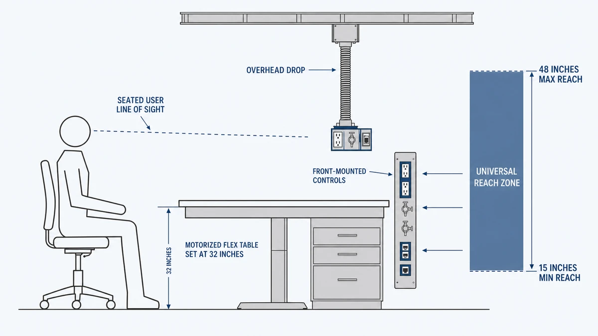 Universal reach zone diagram showing 15-inch to 48-inch vertical control window with power, gas, and data drops mounted on the front fascia and overhead service carrier