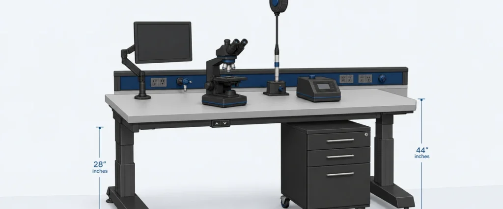 Universal lab design workstation with motorized height-adjustable flex table, mobile roll-out storage cabinet, and overhead service carrier utility drops