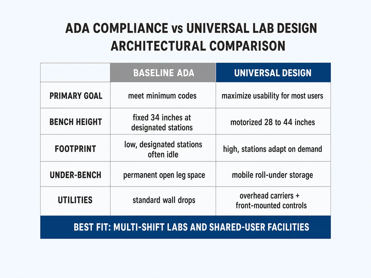 Baseline ADA compliance versus universal lab design architectural comparison across primary goal, bench height, footprint efficiency, under-bench access, and utility controls
