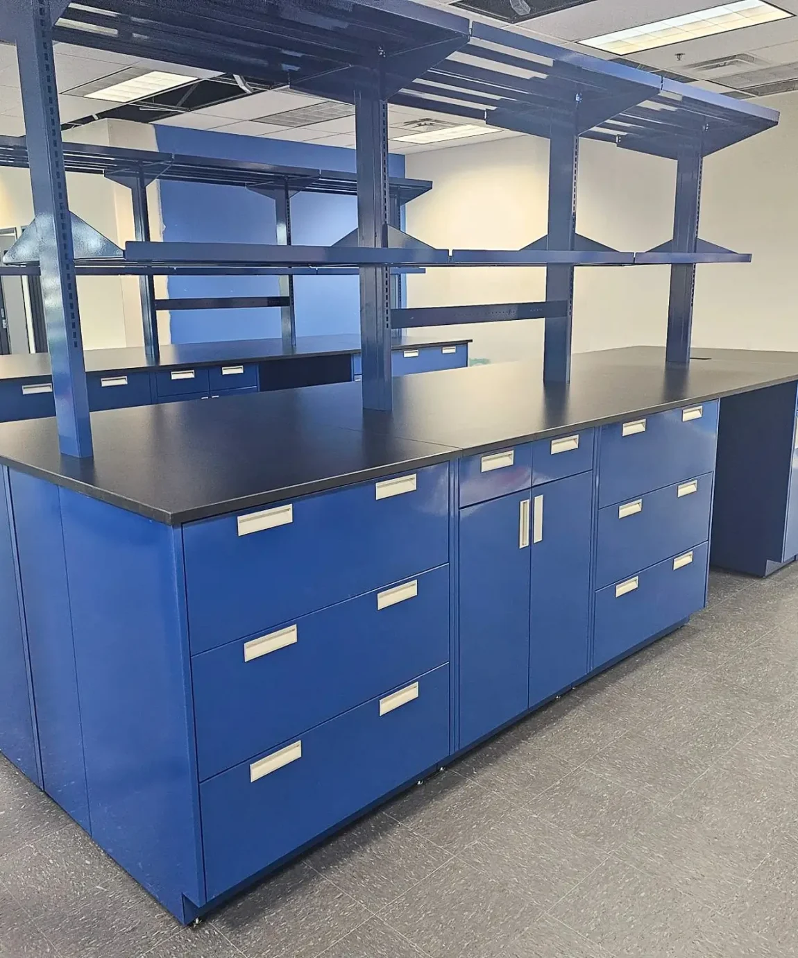 Blue Laboratory Island with adjustable shelving and drawers